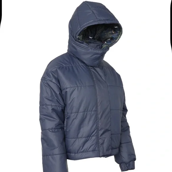 Women's Dapplebay Navy & Autumn Toile Reversible Puffer Jacket hooded NWT - Picture 2 of 12